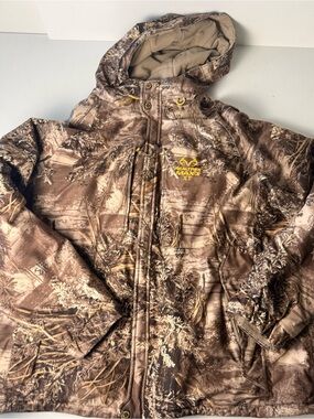 Realtree Max-5 XT Camo Hooded Jacket - Brown/Tan with Yellow Logo Mens 2XL